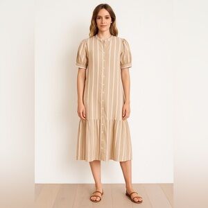 ICHI Striped Puff Sleeve Button-Front Dress - Size 38